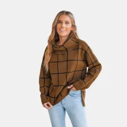 Women's Grid Print Drop Sleeve Turtleneck Sweater - Cupshe -Women Clothing Sale GUEST a8b84f17 ef68 4806 bbbf a4b0fdc602e0