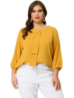 Agnes Orinda Women's Plus Size Chiffon 3/4 Sleeve Tie Front Work Elegant Blouse -Women Clothing Sale GUEST ac55ced6 0f73 44ec 95f8 236348a423b8