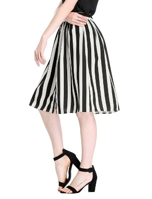 Allegra K Women's Stripes Button Front Elastic Back A-Line Midi Skirt 3 Allegra K Women's Stripes Button Front Elastic Back A-Line Midi Skirt - Image 3