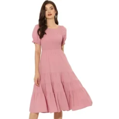 Allegra K Women's Peasant Smocked Short Sleeve Midi Summer Casual Tiered A-Line Dress -Women Clothing Sale GUEST ae0f686b 57c3 4de7 909e 2029d8e4ee87