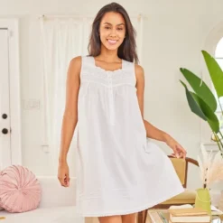 Women's Cotton Victorian Nightgown, Hannah Sleeveless Lace Trimmed Button Up Short Vintage Night Dress Gown -Women Clothing Sale GUEST b42ba7b5 f3a8 432a 854f 3dfbdccecdc4