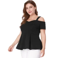Agnes Orinda Women's Plus Size High Waist Sweetheart Cold Shoulder Peplum Blouse