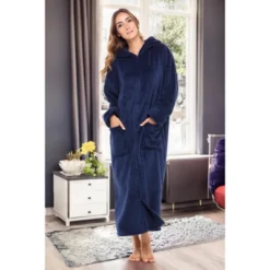 Women's Zip Up Fleece Robe With Hood, Soft Warm Plush Oversized Zipper Hooded Bathrobe