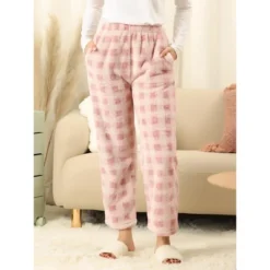 Allegra K Women's Plaid Fleece Pajama Winter Thick Warm Loungewear Home Pants