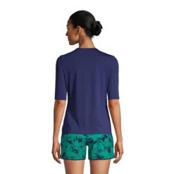 Lands' End Women's Crew Neck Elbow Sleeve Rash Guard UPF 50 Sun Protection Modest Swim Tee