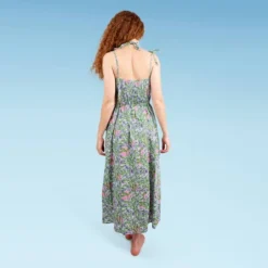 Liberty & Justice Women's Tied Strap Slit Front Cover Up Dress - Green/Pink Botanical Print