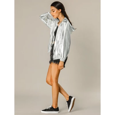 Allegra K Women's Holographic Shiny Long Sleeve Zipper Hooded Metallic Jacket 3 Allegra K Women's Holographic Shiny Long Sleeve Zipper Hooded Metallic Jacket - Image 3