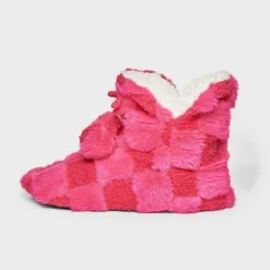 Women's Checkered Faux Fur Booties With Poms And Grippers - Pink