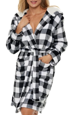 Women's Classic Plush Hooded Robe, Short Fleece Plaid Bathrobe With Hood 6 Women's Classic Plush Hooded Robe, Short Fleece Plaid Bathrobe With Hood - Image 6