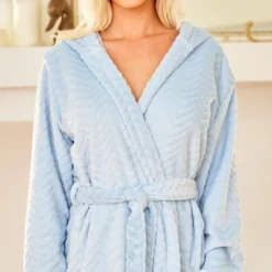 Women's Warm Soft Plush Fleece Bathrobe With Hood, Knee Length Hooded Robe, Chevrons -Women Clothing Sale GUEST c84b0700 b11b 430c b577 bc99b6240007