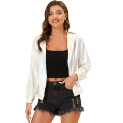 Allegra K Women's Holographic Shiny Long Sleeve Zipper Hooded Metallic Jacket 26 Allegra K Women's Holographic Shiny Long Sleeve Zipper Hooded Metallic Jacket -Women Clothing Sale GUEST d2c88324 369c 4f37 8e20 986e8a68764a
