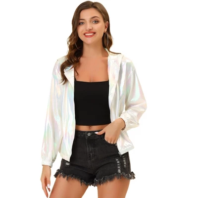 Allegra K Women's Holographic Shiny Long Sleeve Zipper Hooded Metallic Jacket 12 Allegra K Women's Holographic Shiny Long Sleeve Zipper Hooded Metallic Jacket - Image 12