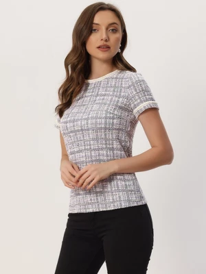 Allegra K Tweed Top For Women Casual Round Neck Pearl Decoration Short Sleeve Blouses 3 Allegra K Tweed Top For Women Casual Round Neck Pearl Decoration Short Sleeve Blouses - Image 3