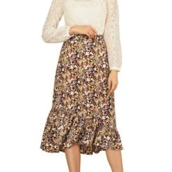 Allegra K Women's Summer Floral Elastic Waist High Low Ruffle Hem Midi Skirts -Women Clothing Sale GUEST dbf24018 7c02 41e1 bf63 29616cfd484e