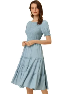 Allegra K Women's Peasant Smocked Short Sleeve Midi Summer Casual Tiered A-Line Dress -Women Clothing Sale GUEST dc5ee635 608d 45c8 8e1b d36c6a92ebf0