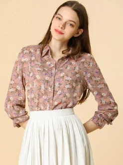 Allegra K Women's Point Collar Long Sleeve Button Down Floral Shirt