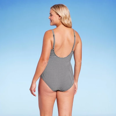 Women's Textured Gingham Ruched Full Coverage One Piece Swimsuit - Kona Sol™ Black 3 Women's Textured Gingham Ruched Full Coverage One Piece Swimsuit - Kona Sol™ Black - Image 3