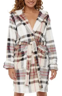 Women's Classic Plush Hooded Robe, Short Fleece Plaid Bathrobe With Hood 21 Women's Classic Plush Hooded Robe, Short Fleece Plaid Bathrobe With Hood -Women Clothing Sale GUEST e239b983 32bf 4577 bdd3 60ee84b8db77