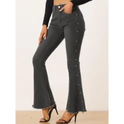 Allegra K Women's Flared Beaded Raw Hem Bell Bottom Casual Jeans Denim Pants