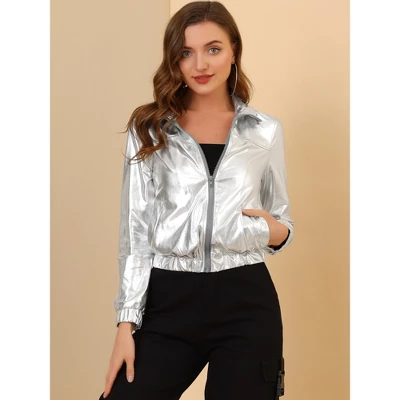 Allegra K Women's Track Holographic Shiny Long Sleeve Metallic Zip Front Jacket 1 Allegra K Women's Track Holographic Shiny Long Sleeve Metallic Zip Front Jacket