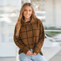 Women's Grid Print Drop Sleeve Turtleneck Sweater - Cupshe -Women Clothing Sale GUEST e93ec430 924a 4189 ac79 96e1b01b2c36