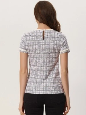 Allegra K Tweed Top For Women Casual Round Neck Pearl Decoration Short Sleeve Blouses 2 Allegra K Tweed Top For Women Casual Round Neck Pearl Decoration Short Sleeve Blouses - Image 2