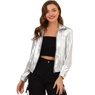 Allegra K Women's Track Holographic Shiny Long Sleeve Metallic Zip Front Jacket 6 Allegra K Women's Track Holographic Shiny Long Sleeve Metallic Zip Front Jacket - Image 6