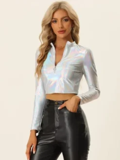 Allegra K Women's Party Long Sleeve Zip Up Metallic Crop Blouses -Women Clothing Sale GUEST f7f8ee5c 0d11 4764 b4eb 61e3e49c6209