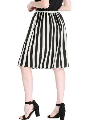 Allegra K Women's Stripes Button Front Elastic Back A-Line Midi Skirt 5 Allegra K Women's Stripes Button Front Elastic Back A-Line Midi Skirt - Image 5